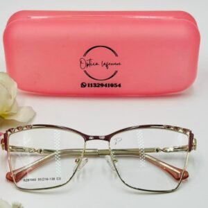 Armazón de anteojos de metal para dama rectangular bordó y dorado – P01